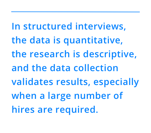 In structured interviews, the data is quantitative, the research is descriptive, and the data collection validates results, especially when a large number of hires are required.