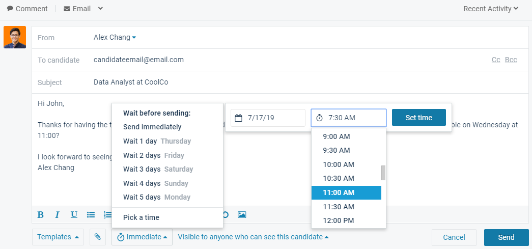 How to schedule exact time to send email in Comeet