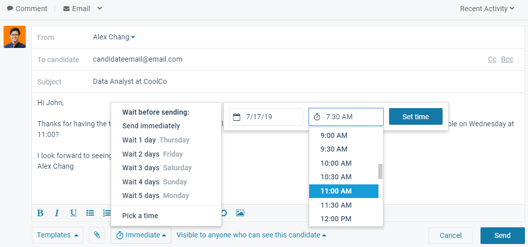 How to schedule exact time to send email in Comeet